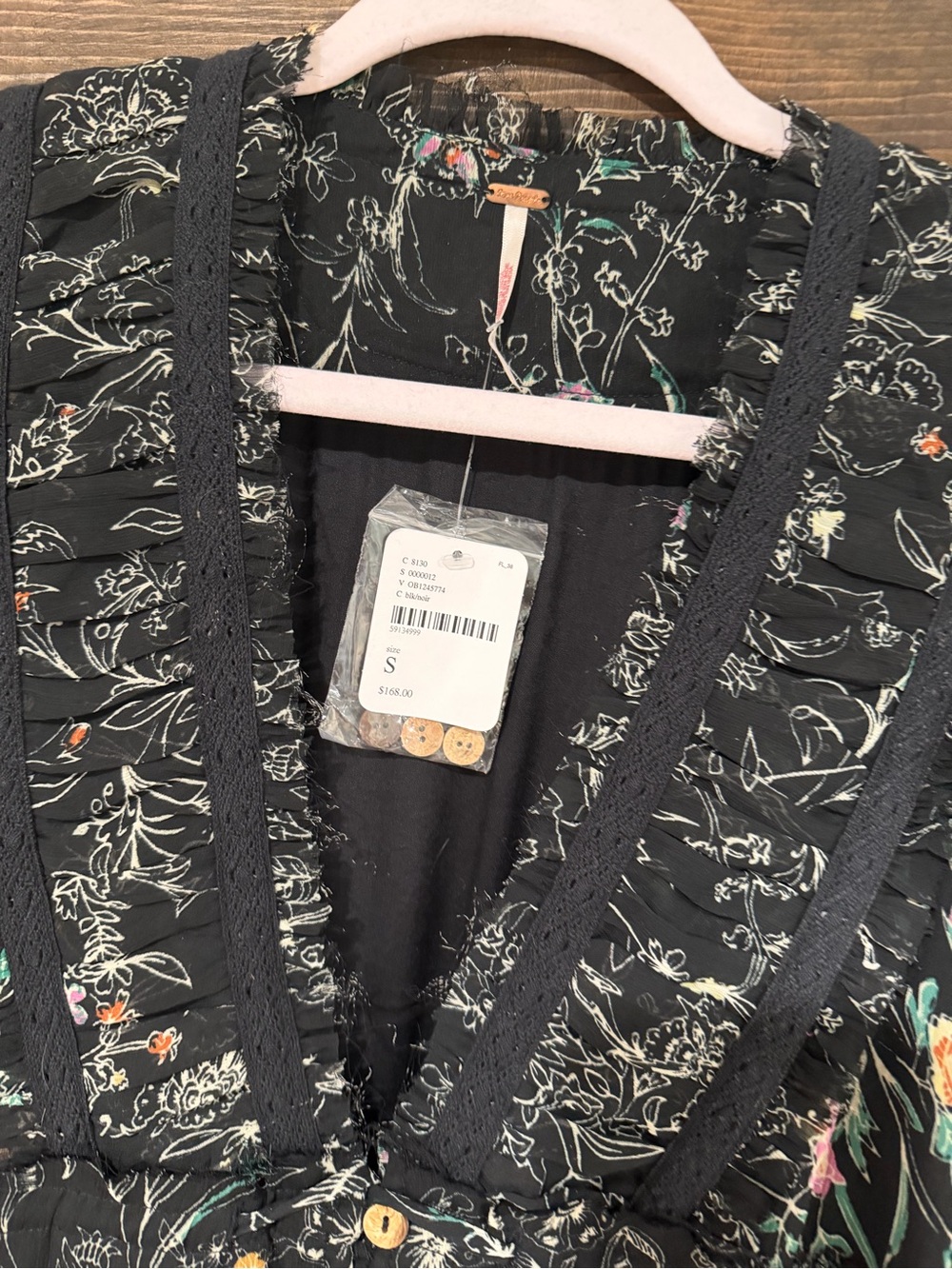 Free People Black Floral Ruffled V-Neck Blouse - Picture 2 of 6